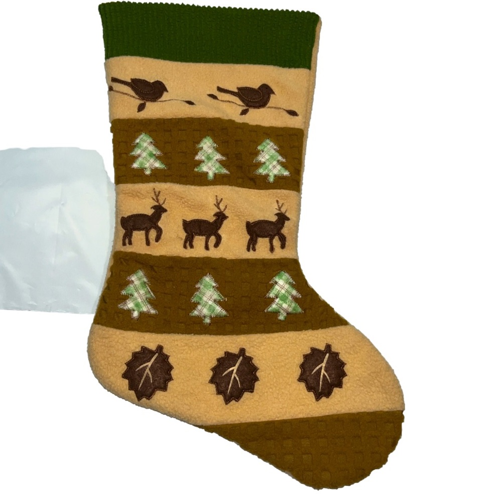 Bird Deer Christmas Tree STOCKING FLEECE TAN GREEN THICK NICE QUALITY 17”vintage
